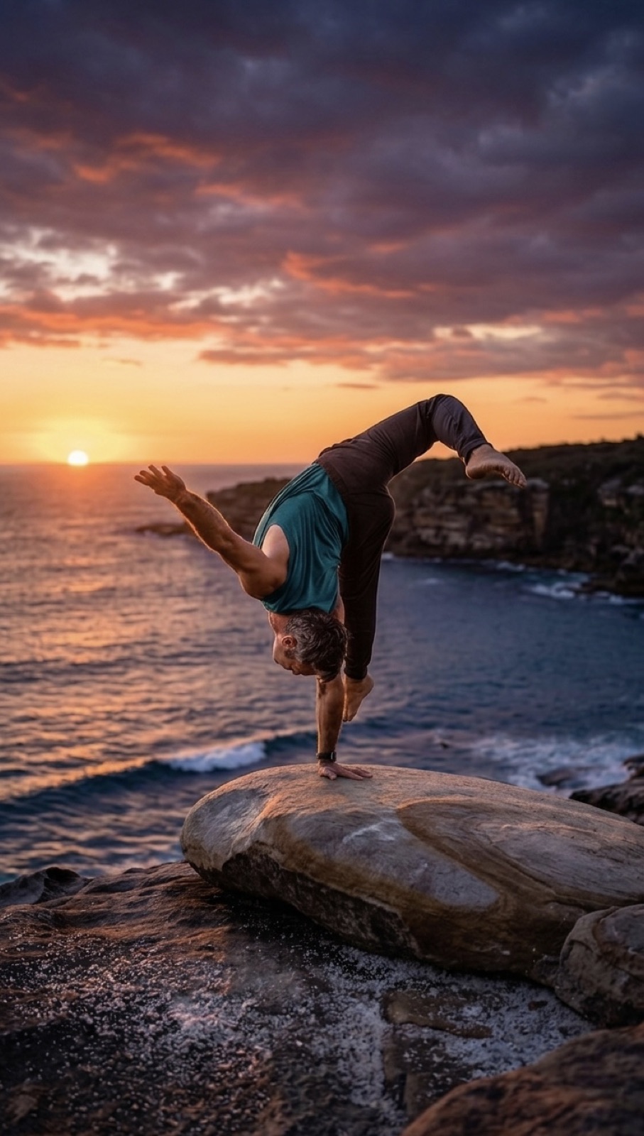 Yuval Oz performing a one-arm handstand on a rock at sunset over the ocean
